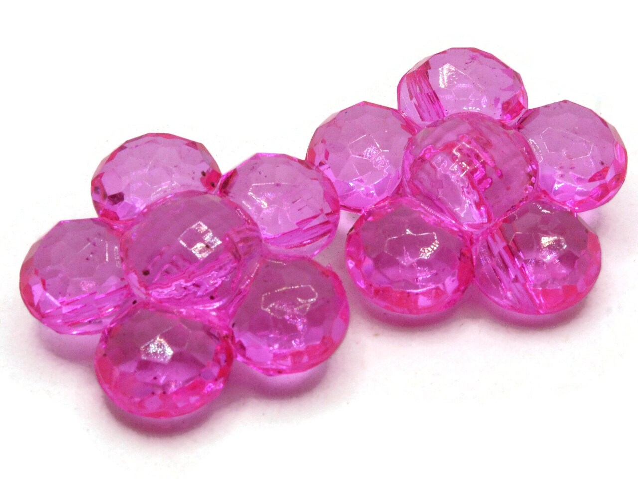 2 35mm Large Bright Pink Flat Faceted Flower Plastic Shank Buttons